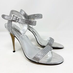 STEVE MADDEN SILVER RHINESTONE DISCO HEELS SANDALS WOMENS SZ 8.5